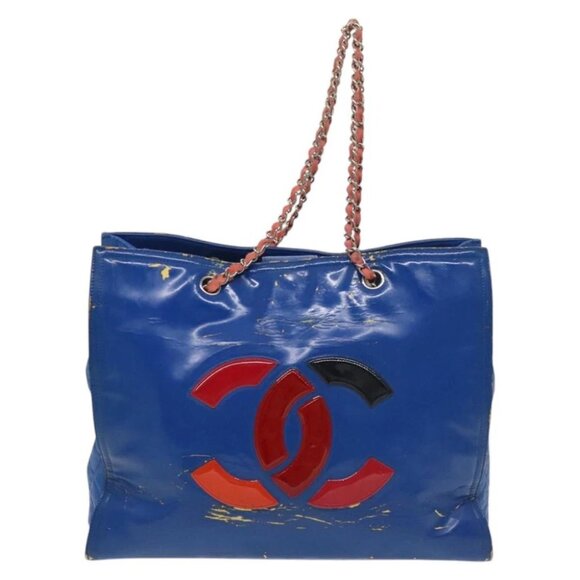 CHANEL Chain Tote Bag Patent leather Blue Silver CC - Picture 2 of 16